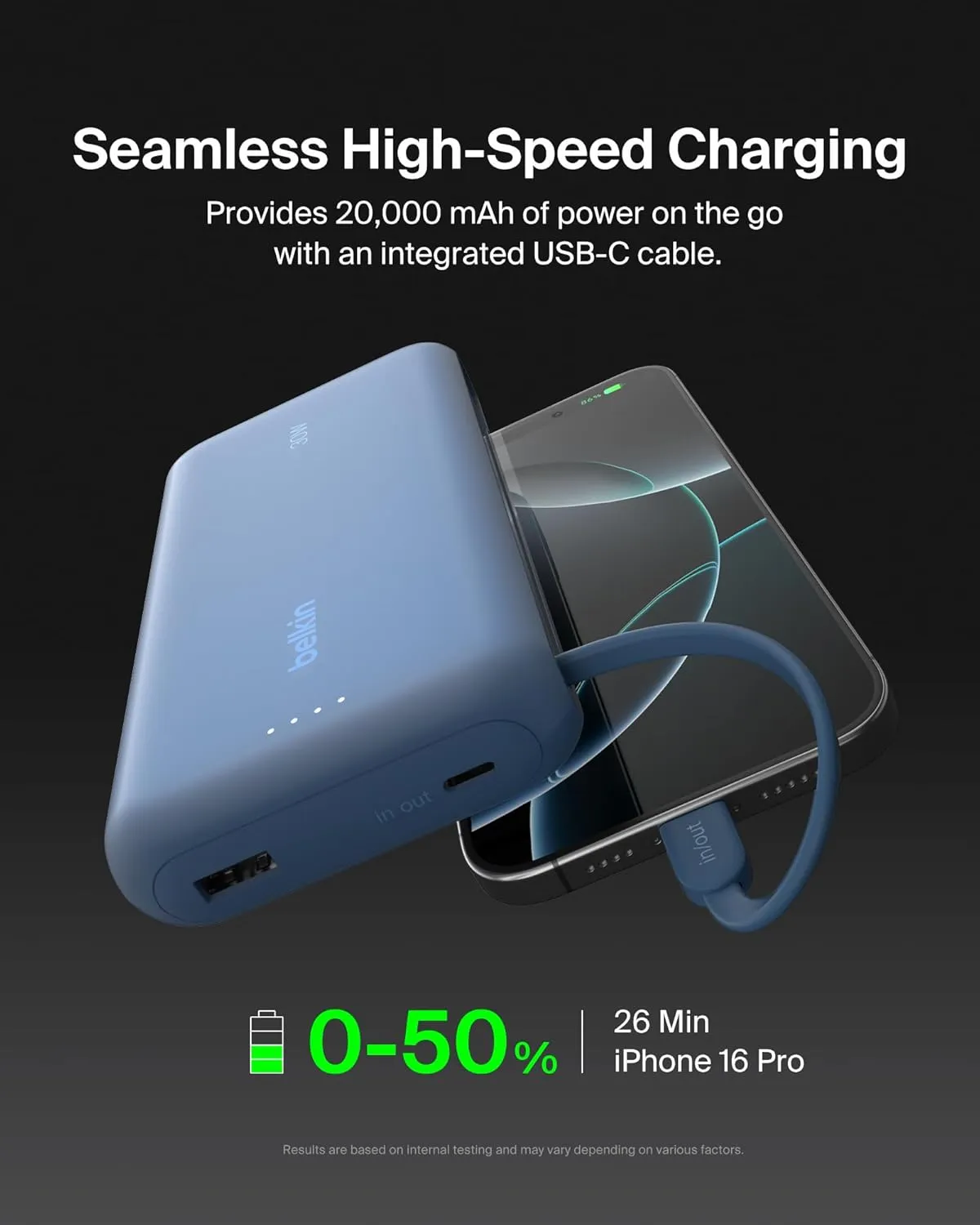 Belkin Portable Charger, Power Bank with Integrated Cable 20K PD 30W - Fast Charging USB-C Power Delivery, Portable Charger for iPhone 16 Series, iPad Pro, Galaxy S25 Series, and More - Blue