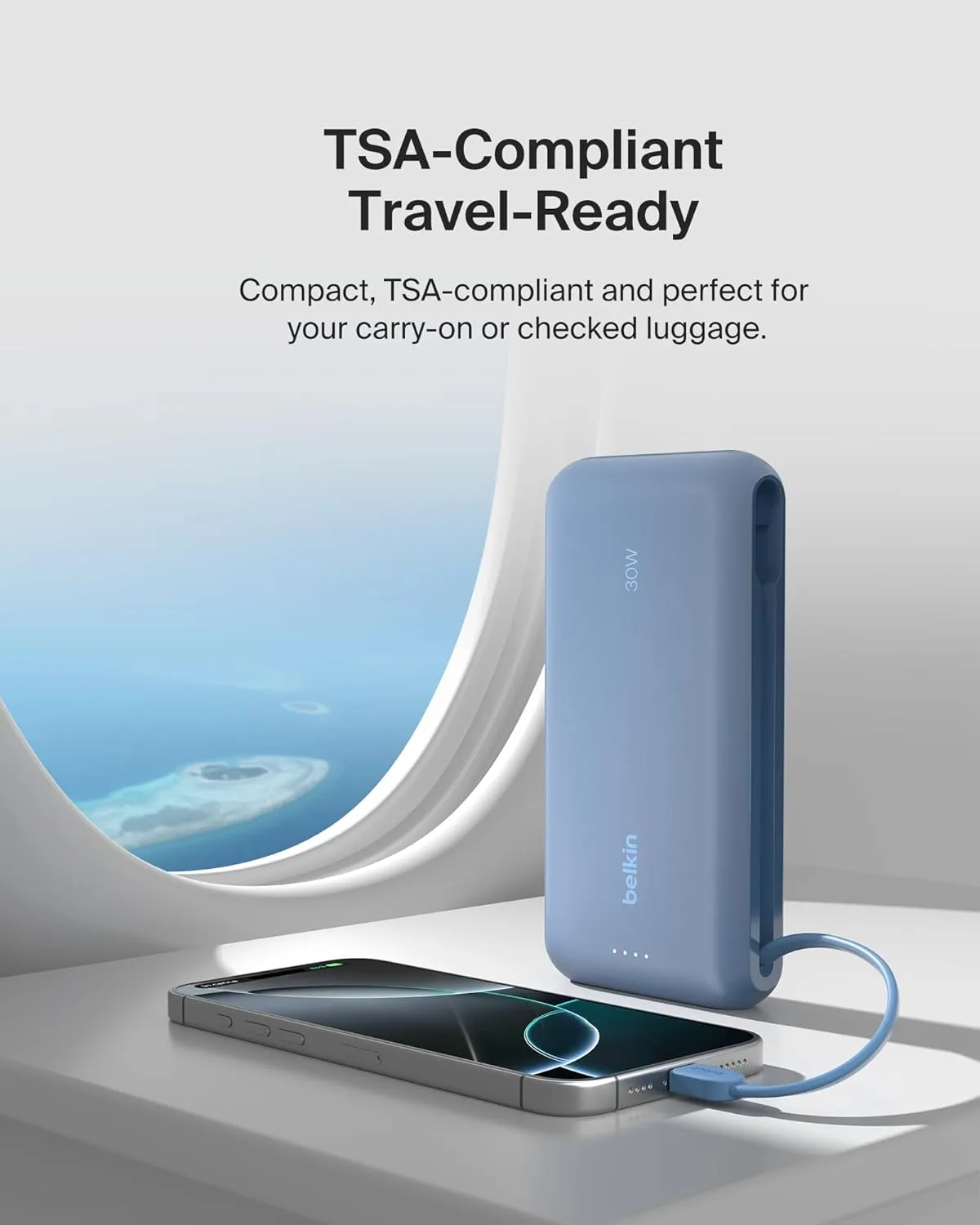Belkin Portable Charger, Power Bank with Integrated Cable 20K PD 30W - Fast Charging USB-C Power Delivery, Portable Charger for iPhone 16 Series, iPad Pro, Galaxy S25 Series, and More - Blue