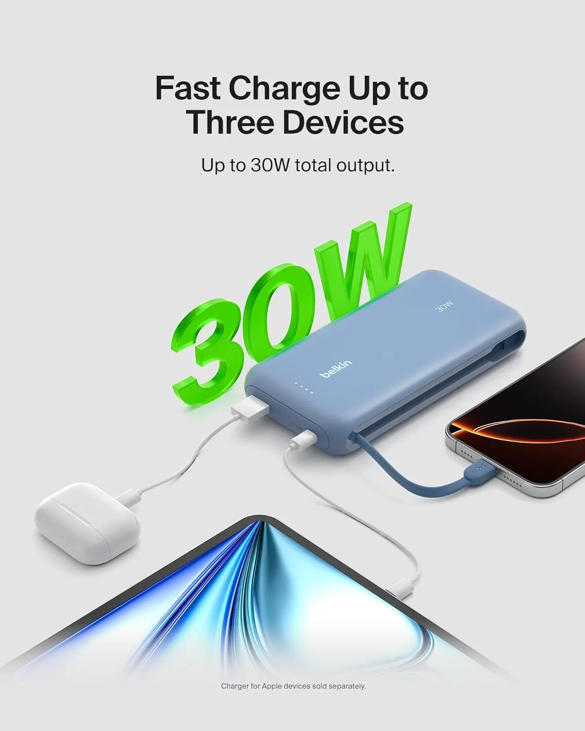 Belkin Portable Charger, Power Bank with Integrated Cable 20K PD 30W - Fast Charging USB-C Power Delivery, Portable Charger for iPhone 16 Series, iPad Pro, Galaxy S25 Series, and More - Blue