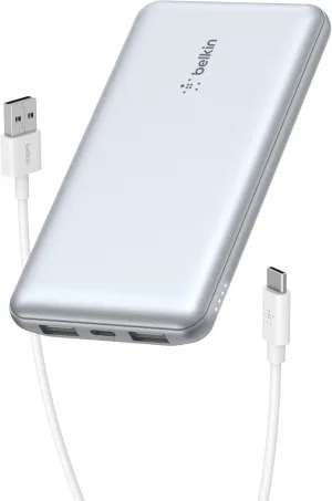 Belkin Portable Charger, USB-C Power Bank 10,000mAh w/ 2xUSB-A Ports, 15W w/Type-C to Type-A Cable for iPhone 16, 15, Samsung Galaxy S25, Pixel, iPad, Nintendo Switch 2 & More - Pearl Blue