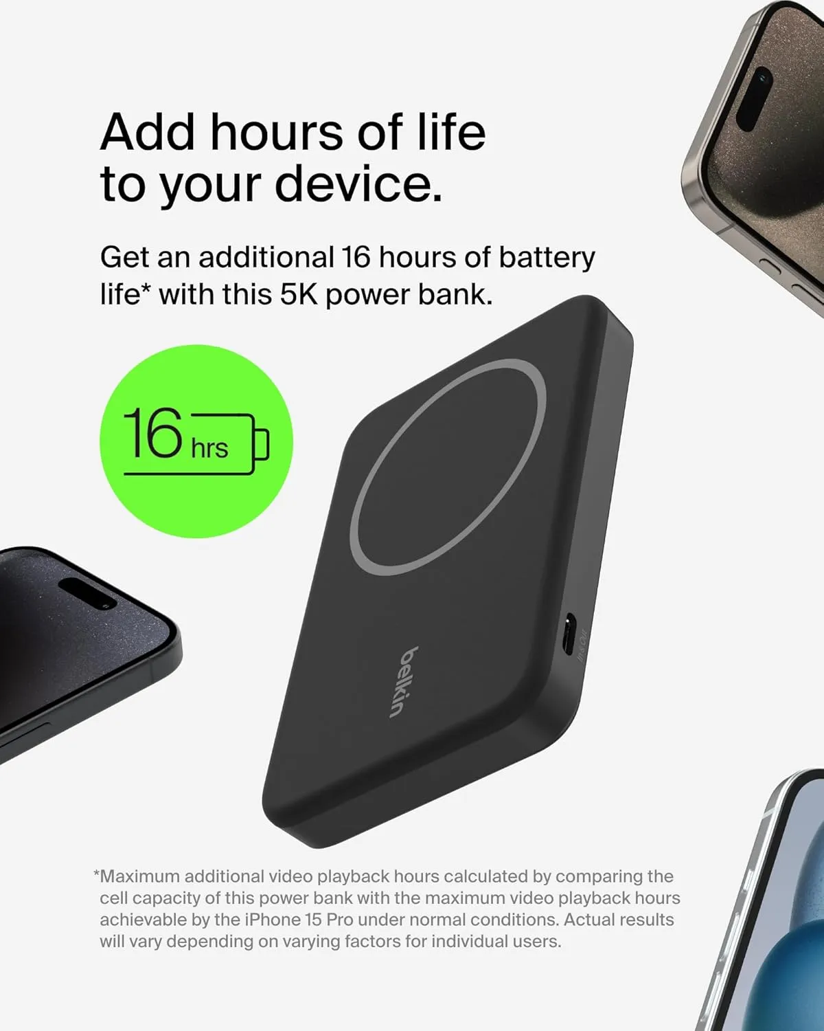 Belkin Portable Charger, Wireless Power Bank 5,000mAh w/ Qi2, MagSafe Compatible   Built-in Pop-up Kickstand - Compatible w/iPhone 16, 15, 14, Plus, Pro, Pro Max, and More - Black