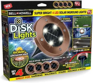 Bell Howell Disk Lights Solar Weatherproof LED Outdoor, As Seen on TV 4 Pack