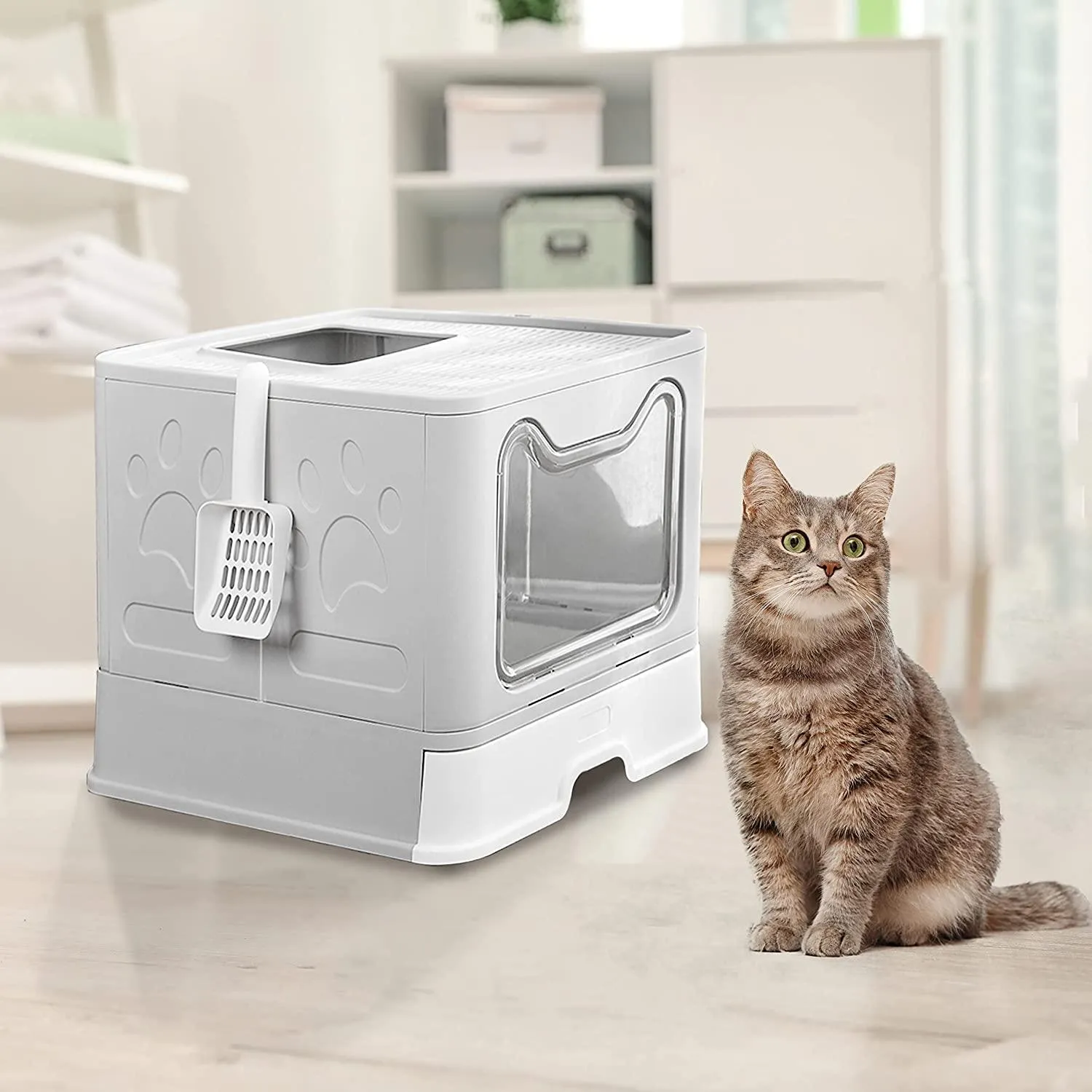 Belvie Pets® Enclosed Cat Litter Box with Free Scoop, Easy Assemble & Foldable, Suitable for Cat Large or Small