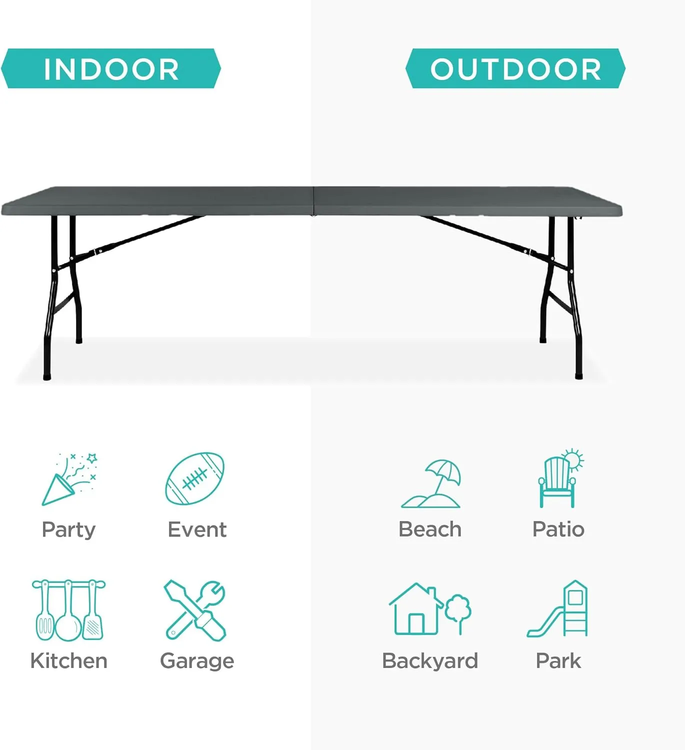 Best Choice Products 8ft Plastic Folding Table, Indoor Outdoor Heavy Duty Portable w/Handle, Lock for Picnic, Party, Pong, Camping - Dark Gray