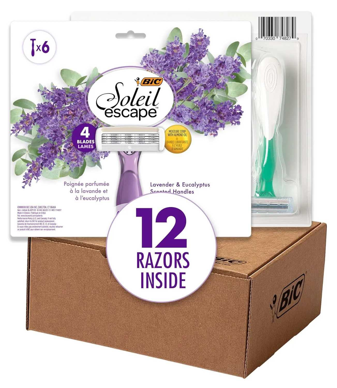 BIC Soleil Escape Scented Women's Disposable Razors, 4 Blades, Comfortable Shave, Lavender & Eucalyptus Scented Handle Shaving Razors for Women, 12 Count