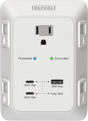 BLACK DECKER PD USB Wall Charger Surge Protector, 5 Outlet Extender w/ 2 USB C PD & 1 USBA Charging Ports, Fast Charge 3 Sided Power Strip Multi Plug Outlets Wall Adapter for Home Office, ETL Listed