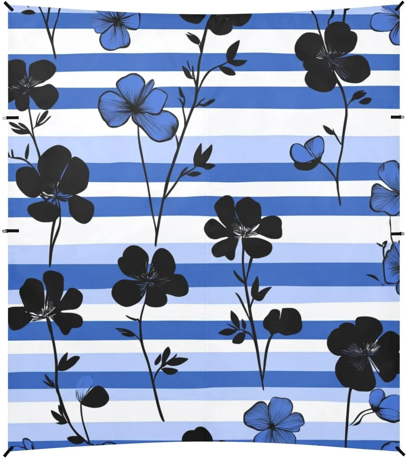 Black Flowers Royal Blue Striped Foldable Beach Cabana UPF50  Protection Easy Setup Sun Shade with Sand Shovel, Sandbags for Family Travel