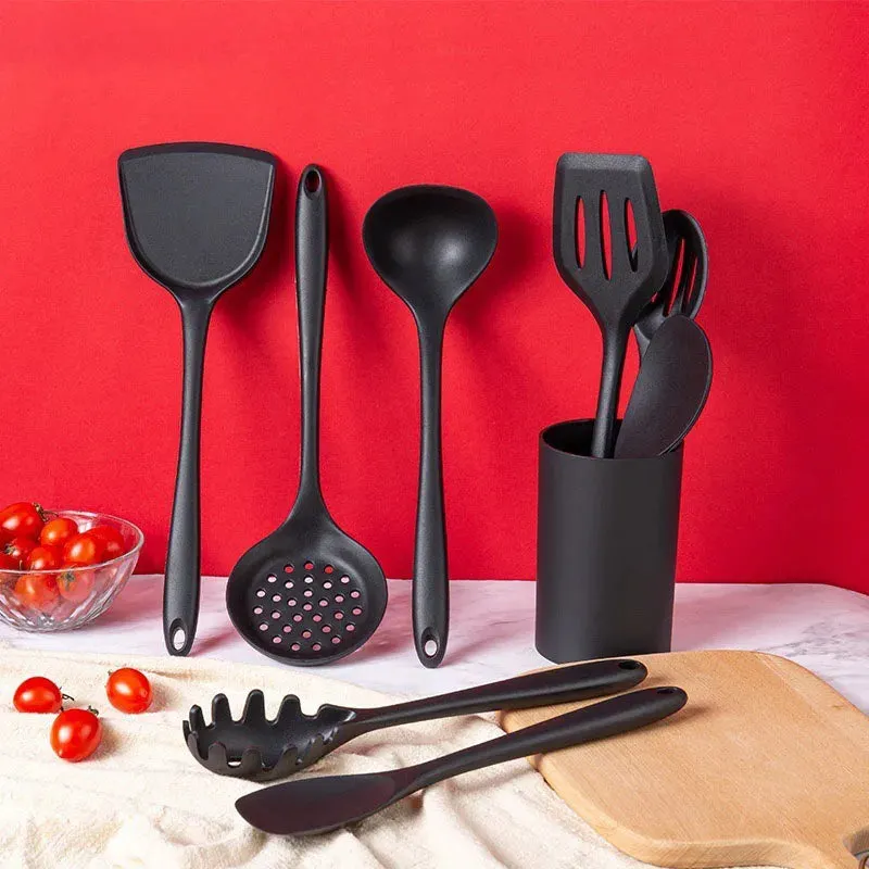 Black Silicone Utensils Set Heat-Resistant Cooking Kitchenware Tool With Non-Stick Spatula Ladle Egg Beaters Shovel Kitchen Tool