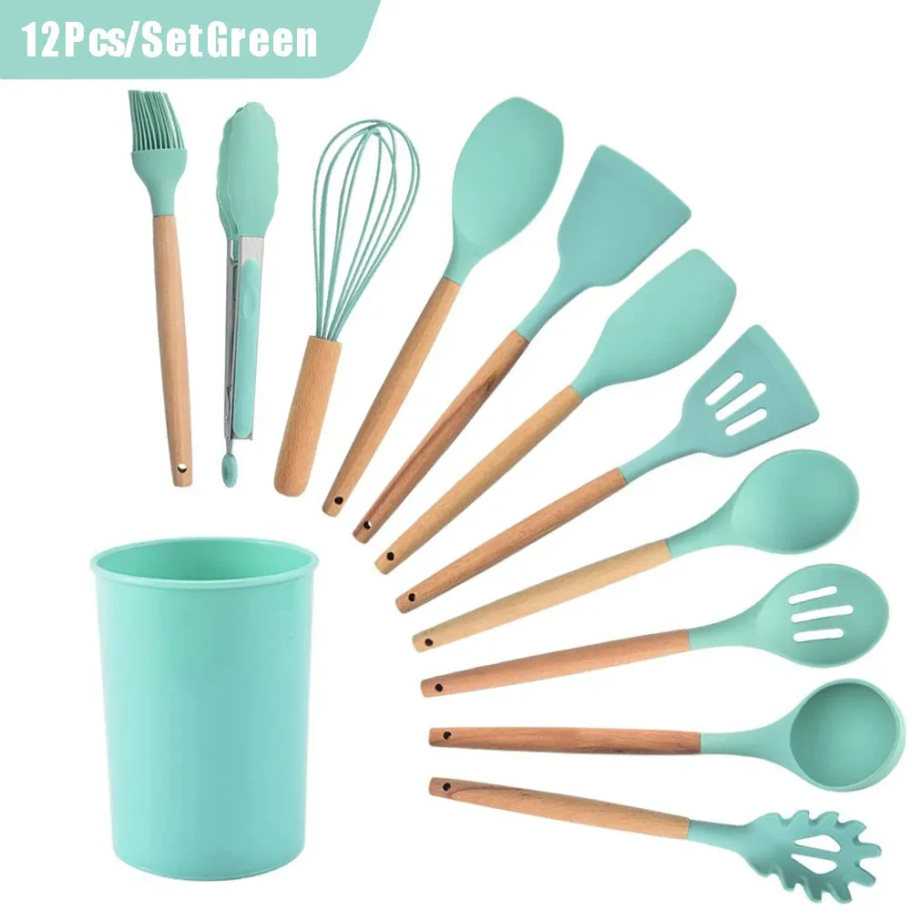 Black Silicone Utensils Set Heat-Resistant Cooking Kitchenware Tool With Non-Stick Spatula Ladle Egg Beaters Shovel Kitchen Tool