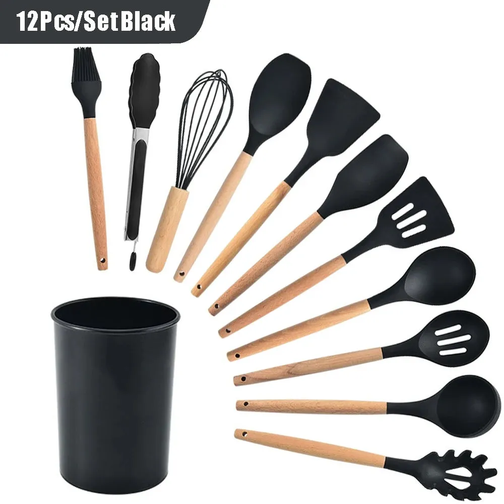 Black Silicone Utensils Set Heat-Resistant Cooking Kitchenware Tool With Non-Stick Spatula Ladle Egg Beaters Shovel Kitchen Tool