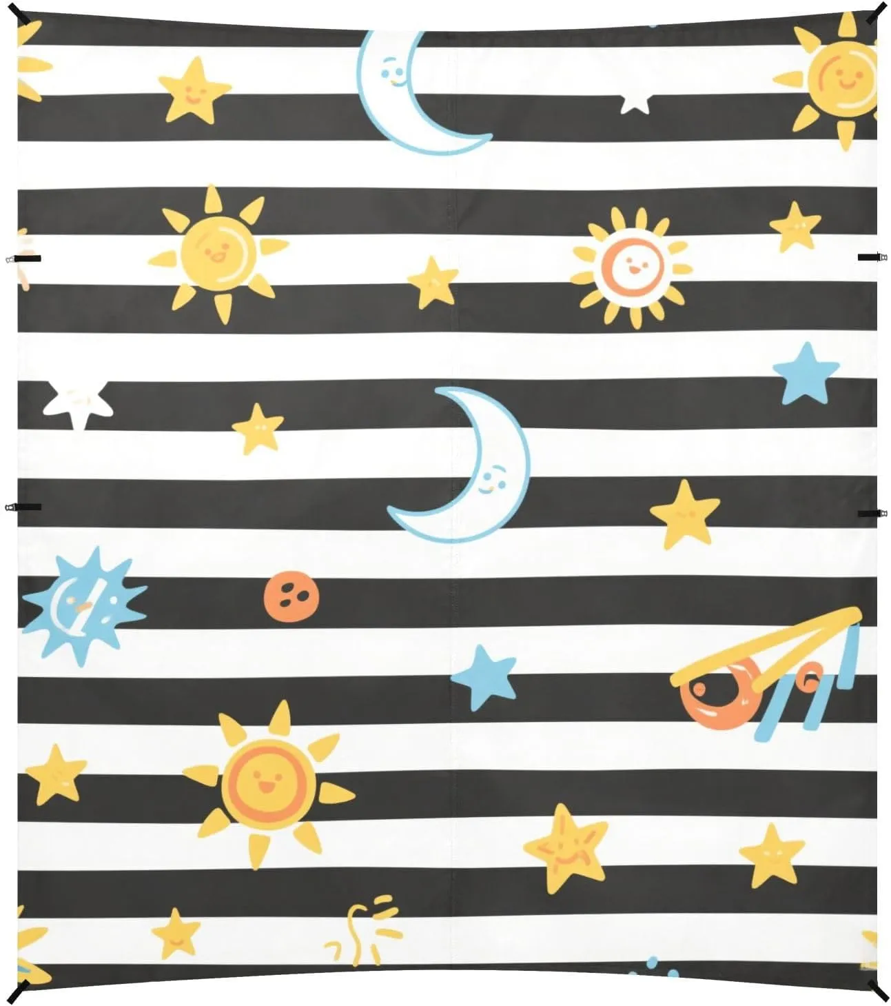 Black White Stripes Sun Moon Star Foldable Beach Tent UPF50  Protection Water-Resistant Shade Sun Shelter with Sand Shovel for Camping Trips, Fishing, Backyard Fun or Picnics