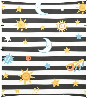 Black White Stripes Sun Moon Star Foldable Beach Tent UPF50  Protection Water-Resistant Shade Sun Shelter with Sand Shovel for Camping Trips, Fishing, Backyard Fun or Picnics