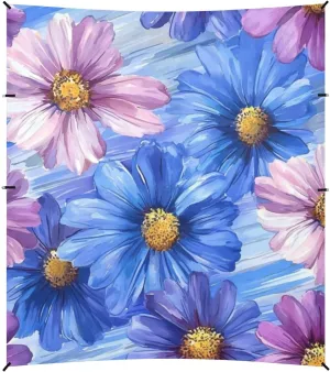 Blue Purple Daisy Flowers Oil Painting Beach Canopy UPF50  Protection Easy Setup Sun Shade with Sandbags, Sand Shovel, Poles for Family Trips, Picnics & Camping