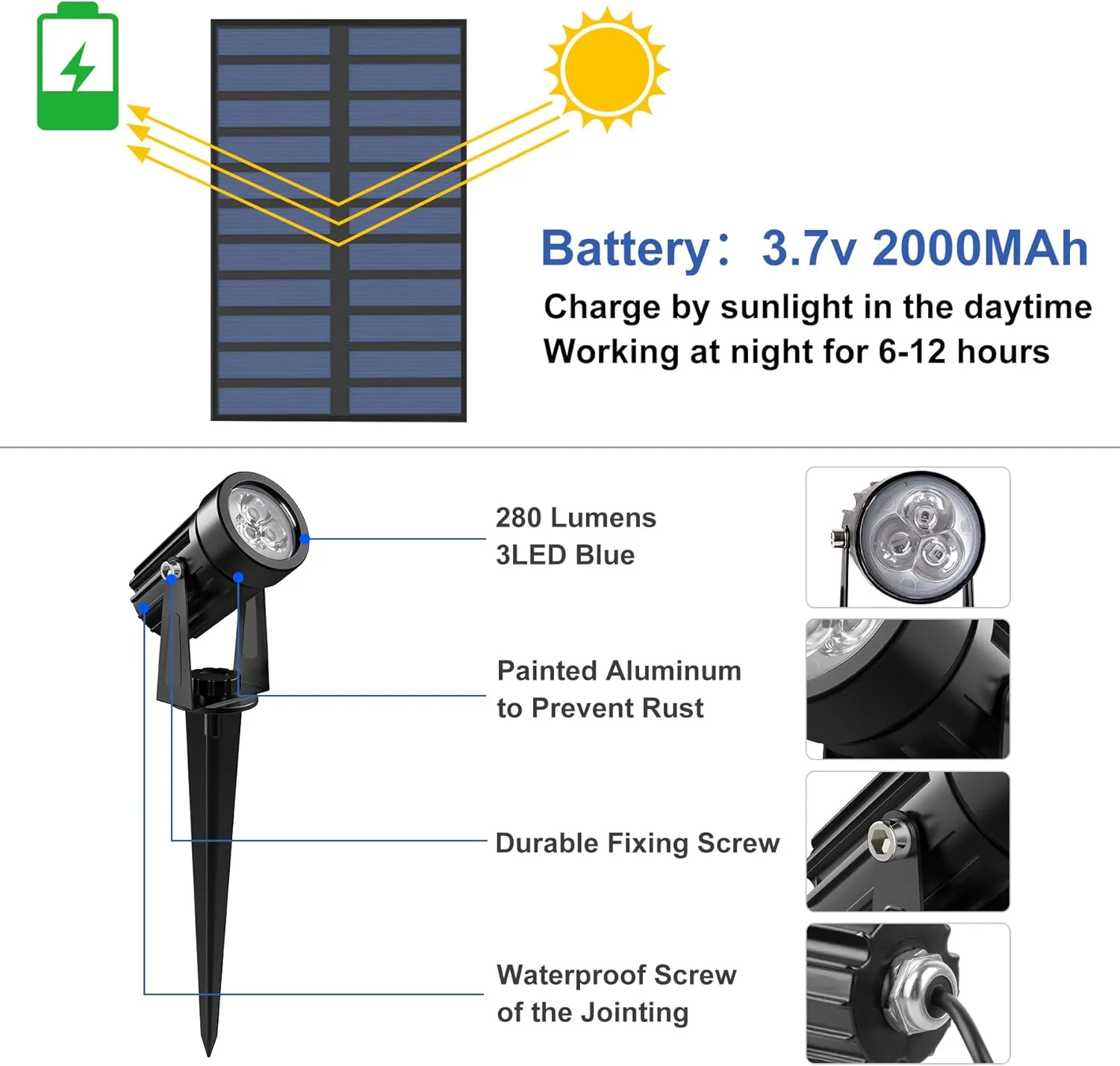 Blue Solar Spot Lights Outdoor,2 Pack Solar Landscape Spotlights IP65 Waterproof 9.8ft Cable, Auto On/Off Outdoor Wall Lights for Garden Yard Driveway Porch Walkway Pool (1-in-1)