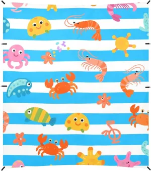 Blue White Striped sea Animal Foldable Beach Canopy UPF50  Protection Easy Setup Portable Sun Shelter with Sandbags & Sand Shovel for Backyard, Grassland, Park