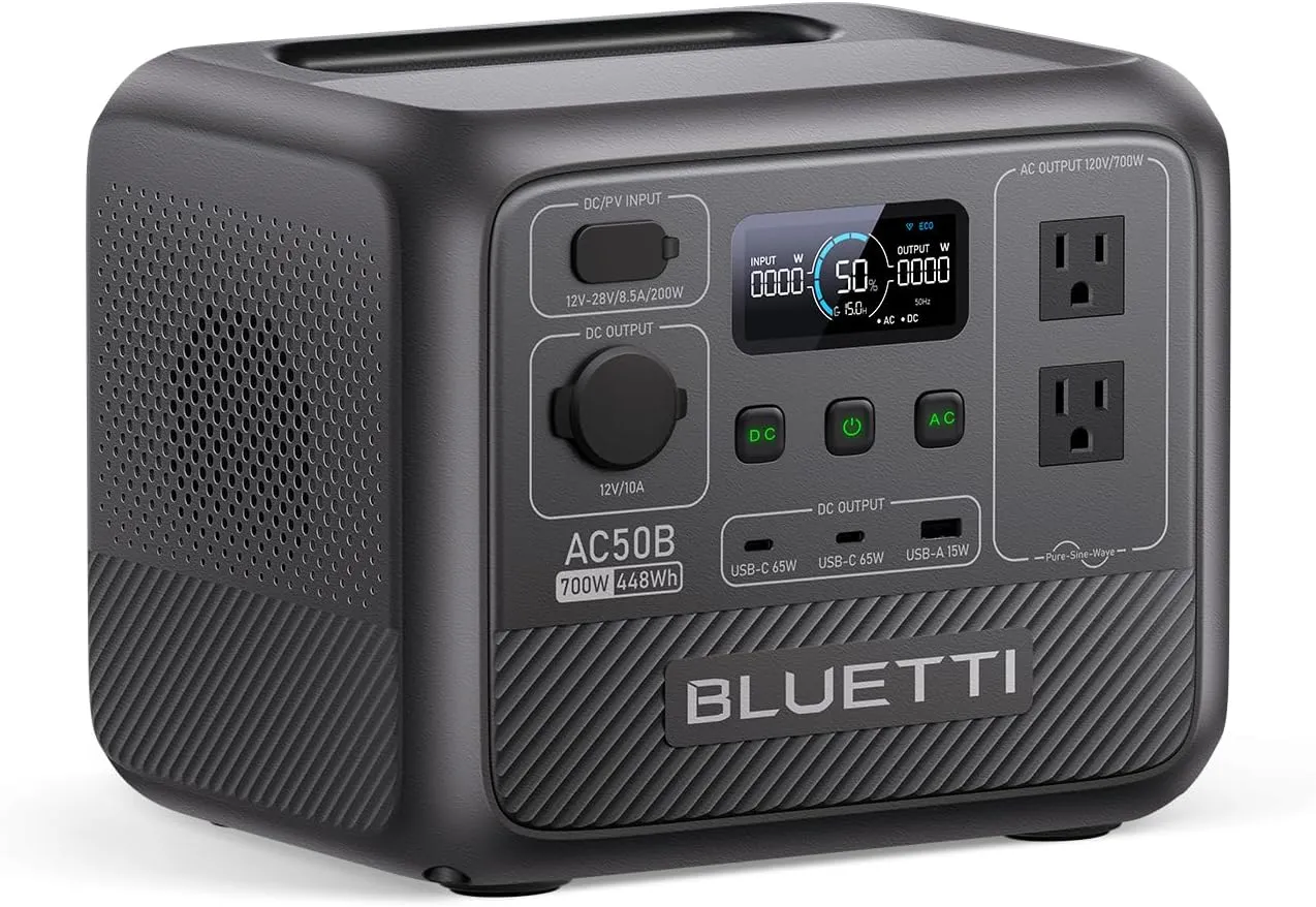 BLUETTI Solar Generator AC50B, 448Wh LiFePO4 Battery Backup w/ 2 700W AC Outlets (Power Lifting 1,000W), 0-80% in 45 Min., for Camping, Road Trip, Outage (Solar Panel Optional)