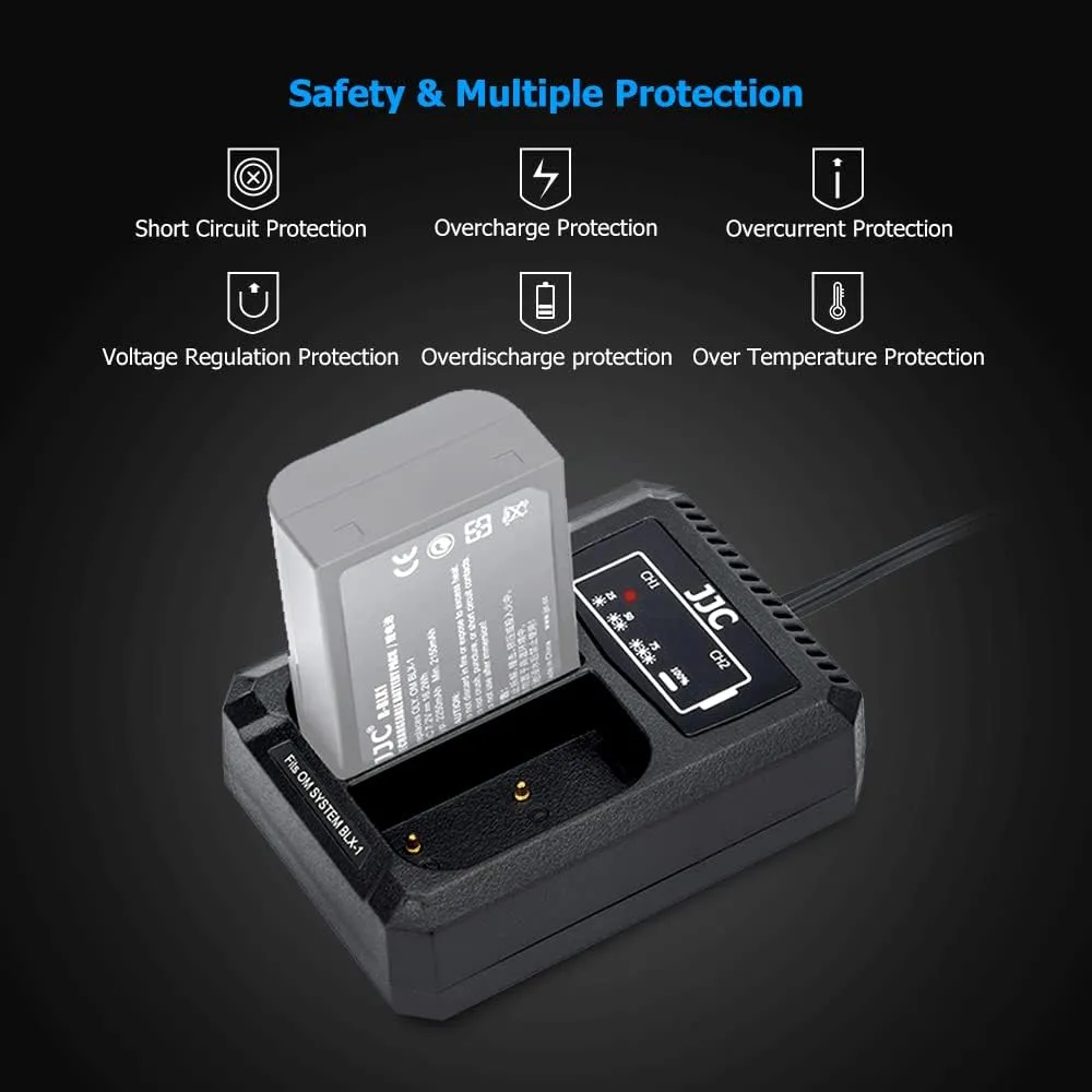 BLX-1 Battery Charger,Dual USB Charger for BLX-1 Battery, Compatible with Olympus OM System OM-1 OM-1 Mark II,Built-in USB Cable and USB-C Input   40cm Extension Cable