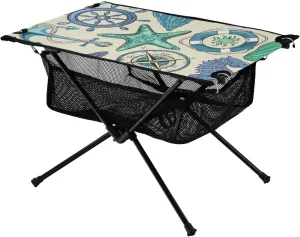 Bolaz Outdoor Folding Portable Picnic Camping Table-Vintage Blue Starfish Anchor Seashell,Storage Mesh for Camping Gear Accessories, Hiking, Mountaineering, Outdoor Travel