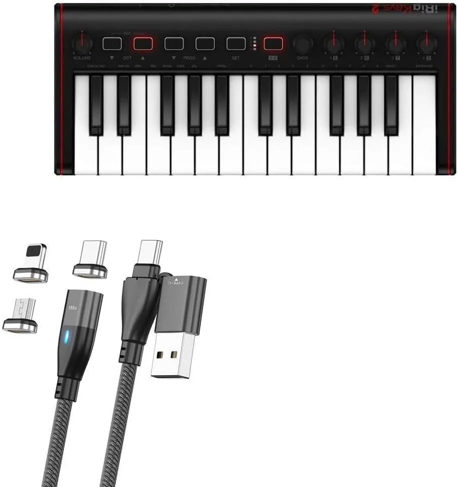 BoxWave Cable Compatible with IK Multimedia iRig Keys 2 - MagnetoSnap PD AllCharge Cable (100W), Magnet Charging Braided USB Type-C Micro - Jet Black