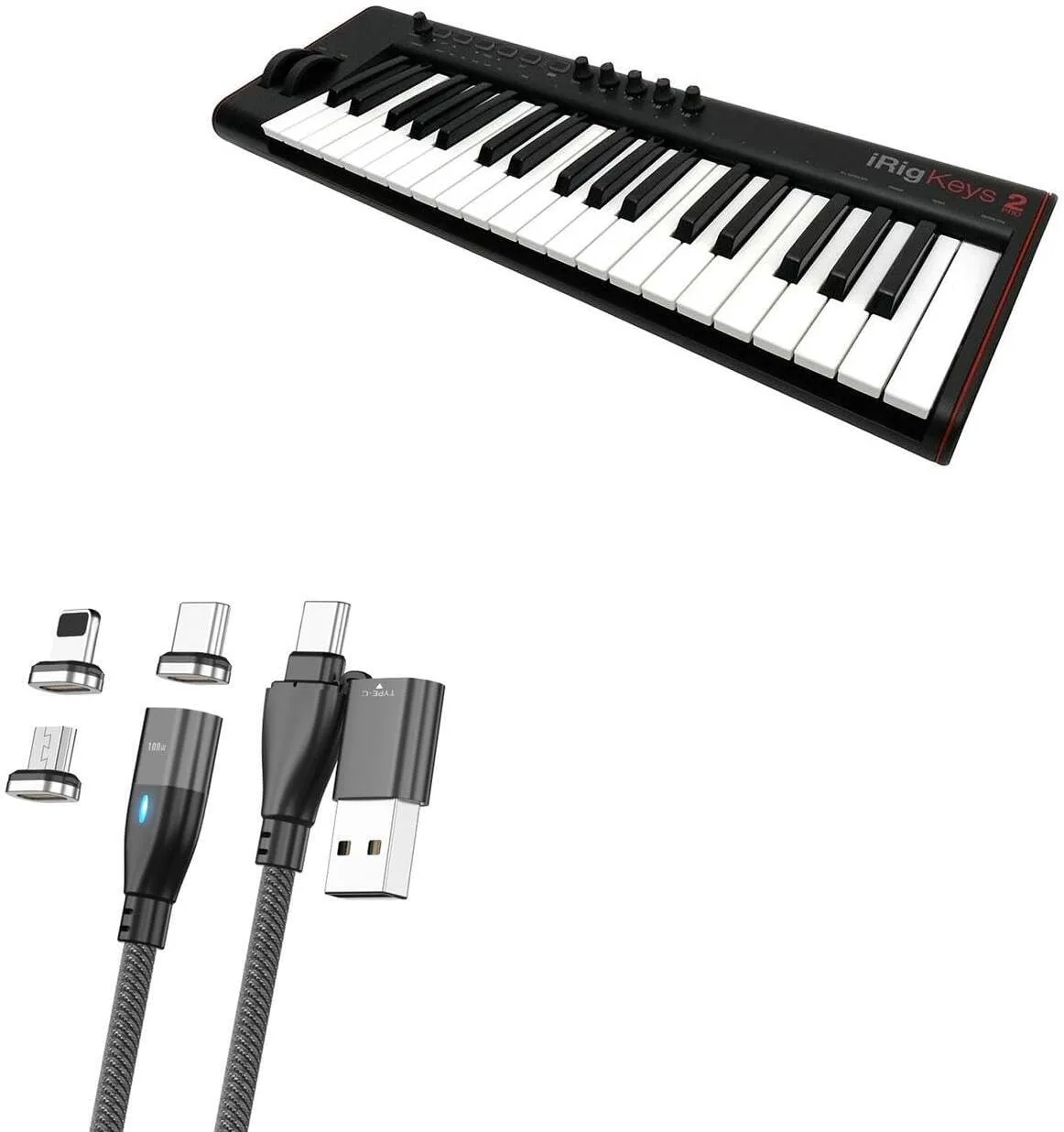 BoxWave Cable Compatible with IK Multimedia iRig Keys 2 Pro - MagnetoSnap PD AllCharge Cable (100W), Magnet Charging Braided USB Type-C Micro - Jet Black