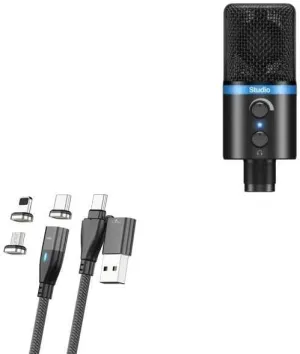 BoxWave Cable Compatible with IK Multimedia iRig Mic Studio - MagnetoSnap PD AllCharge Cable (100W), Magnet Charging Braided USB Type-C Micro - Jet Black