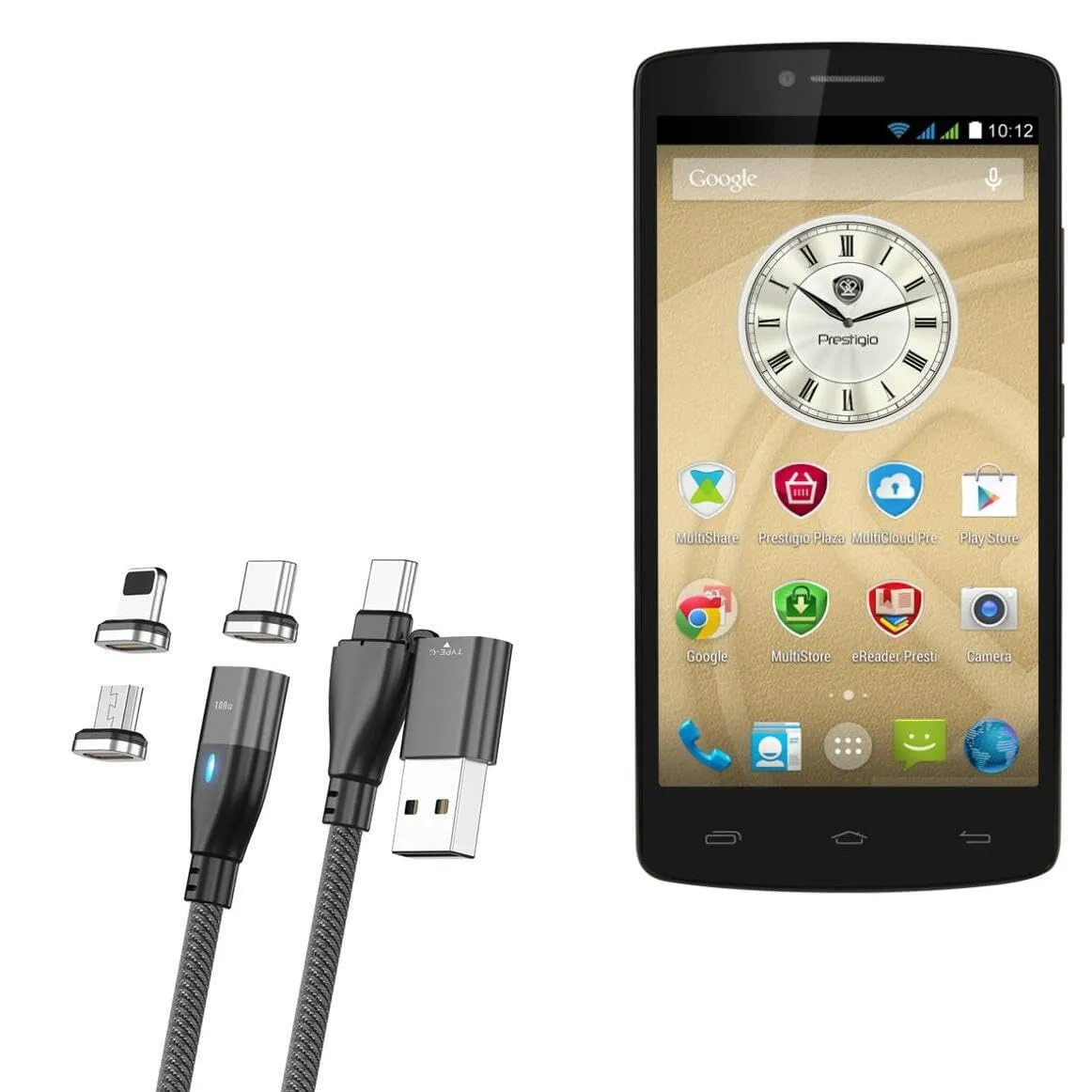 BoxWave Cable Compatible with Prestigio MultiPhone 5550 Duo - MagnetoSnap PD AllCharge Cable (100W), Magnet Charging Braided USB Type-C Micro - Jet Black
