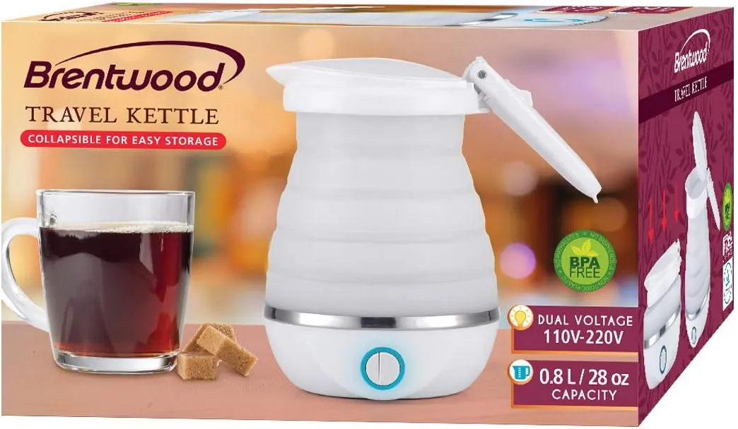 Brentwood KT-1508W Dual Voltage 120/220 Volt 0.8 Liter Collapsible-Travel Kettle, White