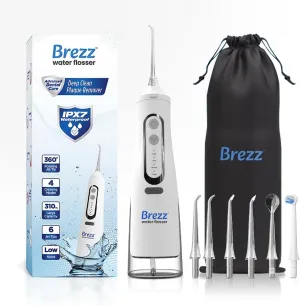 Brezz Water Dental Flosser Pick:Professional for Teeth cleaning,4 modes Cordless, Rechargeable IPX 7Waterproof, 310ML Large water capacity,Electric,Portable Home Travel,6Tips Flossing,Powerful Battery