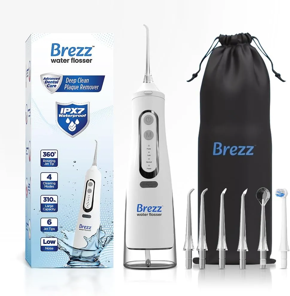 Brezz Water Dental Flosser Pick:Professional for Teeth cleaning,4 modes Cordless, Rechargeable IPX 7Waterproof, 310ML Large water capacity,Electric,Portable Home Travel,6Tips Flossing,Powerful Battery