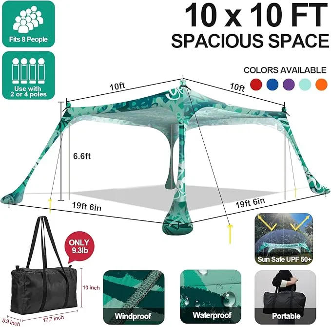 Buheco Beach Tent Pop Up Shade 10x10ft Beach Canopy Sun Shelter UPF50  with 4 Foldable Poles-Portable Carrying Bag-Sand Shovel-Ground Pegs-Windproof Ropes for Outdoor Family Camping-Fishing- Picnic