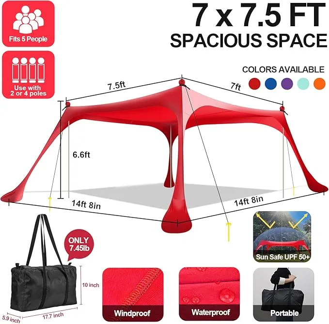 Buheco Beach Tent Pop Up Shade 7x7.5ft Beach Canopy Sun Shelter UPF50  with 4 Foldable Poles-Portable Carrying Bag-Sand Shovel-Ground Pegs-Windproof Ropes for Outdoor Family Camping-Fishing- Picnic