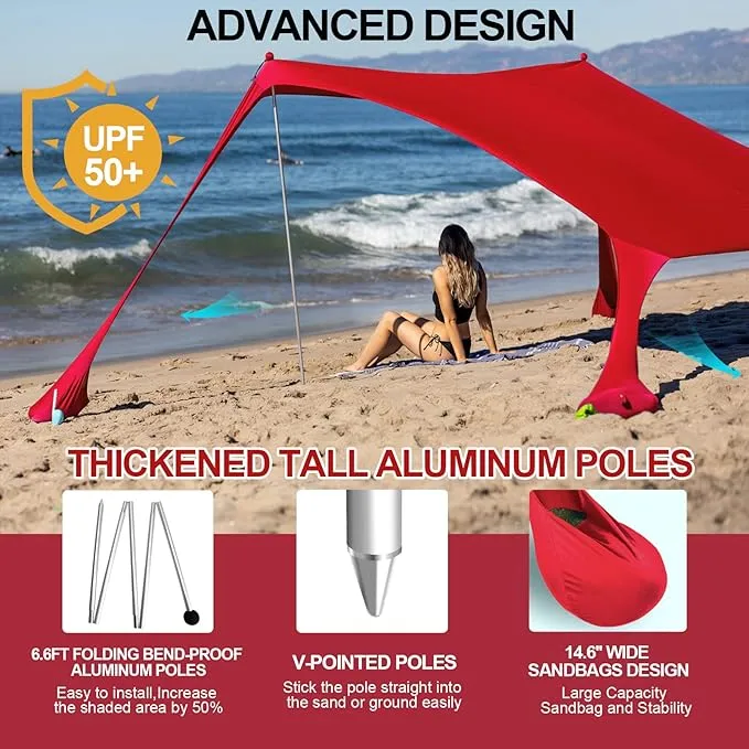 Buheco Beach Tent Pop Up Shade 7x7.5ft Beach Canopy Sun Shelter UPF50  with 4 Foldable Poles-Portable Carrying Bag-Sand Shovel-Ground Pegs-Windproof Ropes for Outdoor Family Camping-Fishing- Picnic