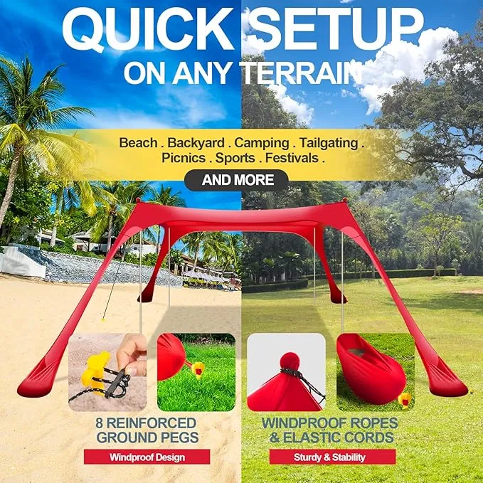 Buheco Beach Tent Pop Up Shade 7x7.5ft Beach Canopy Sun Shelter UPF50  with 4 Foldable Poles-Portable Carrying Bag-Sand Shovel-Ground Pegs-Windproof Ropes for Outdoor Family Camping-Fishing- Picnic