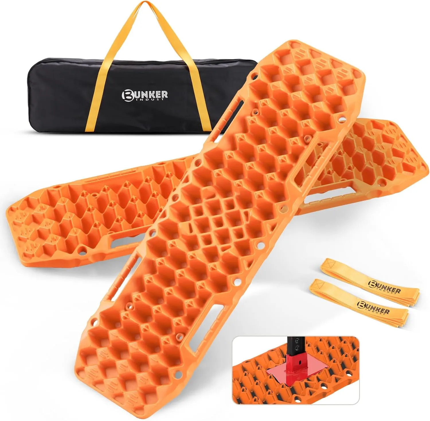BUNKER INDUST Off-Road Traction Boards with Jack Base, 1 Pair Recovery Tracks Mat for 4X4 Jeep Truck Tire Traction-Sand,Mud, Snow Ladder Ramps (Orange)