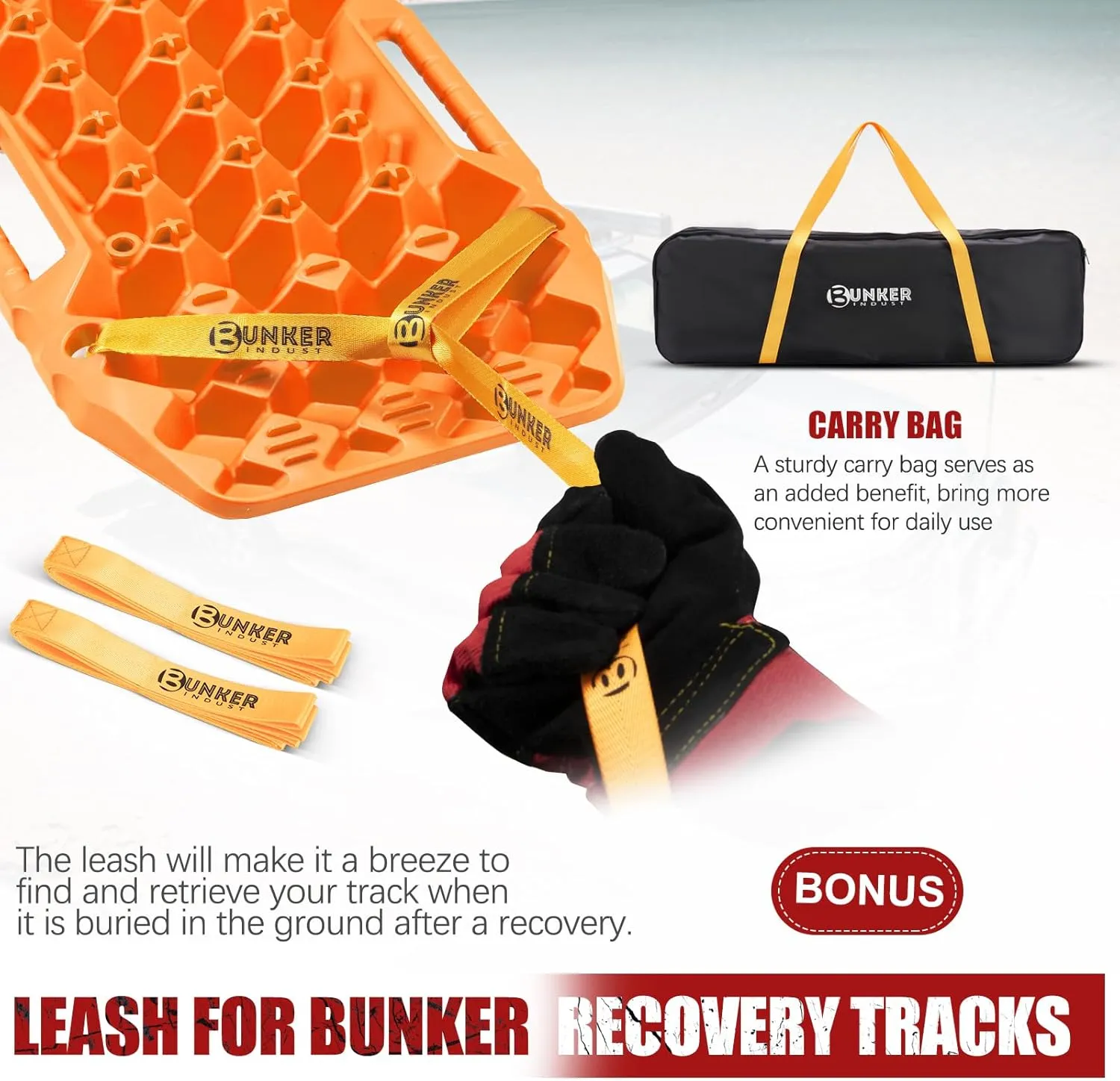 BUNKER INDUST Off-Road Traction Boards with Jack Base, 1 Pair Recovery Tracks Mat for 4X4 Jeep Truck Tire Traction-Sand,Mud, Snow Ladder Ramps (Orange)