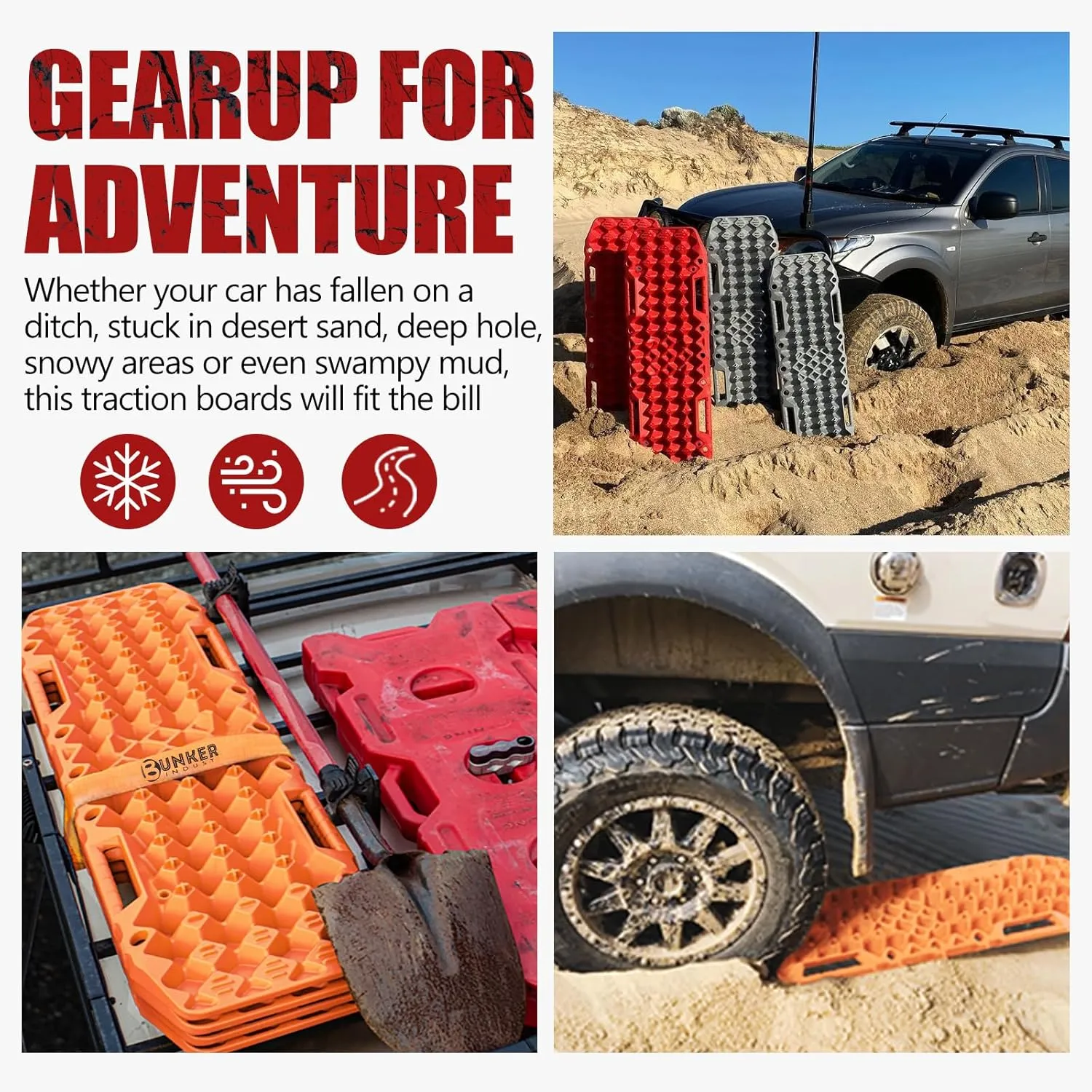 BUNKER INDUST Off-Road Traction Boards with Jack Base, 1 Pair Recovery Tracks Mat for 4X4 Jeep Truck Tire Traction-Sand,Mud, Snow Ladder Ramps (Orange)