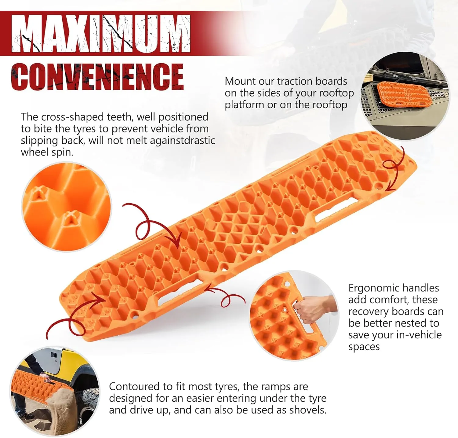 BUNKER INDUST Off-Road Traction Boards with Jack Base, 1 Pair Recovery Tracks Mat for 4X4 Jeep Truck Tire Traction-Sand,Mud, Snow Ladder Ramps (Orange)