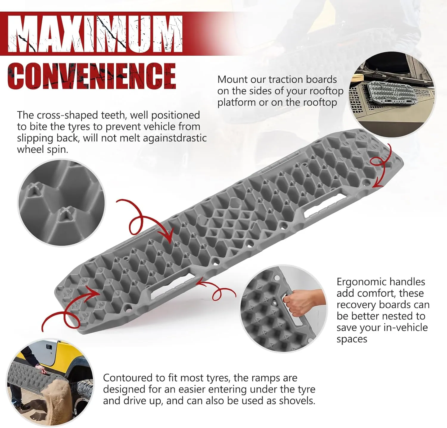 BUNKER INDUST Off-Road Traction Boards with Jack Base, Pair Recovery Tracks 4X4 Jeep Truck Tire Traction Mat with Bag - Sand,Mud,Snow Ladder Ramps(Grey)