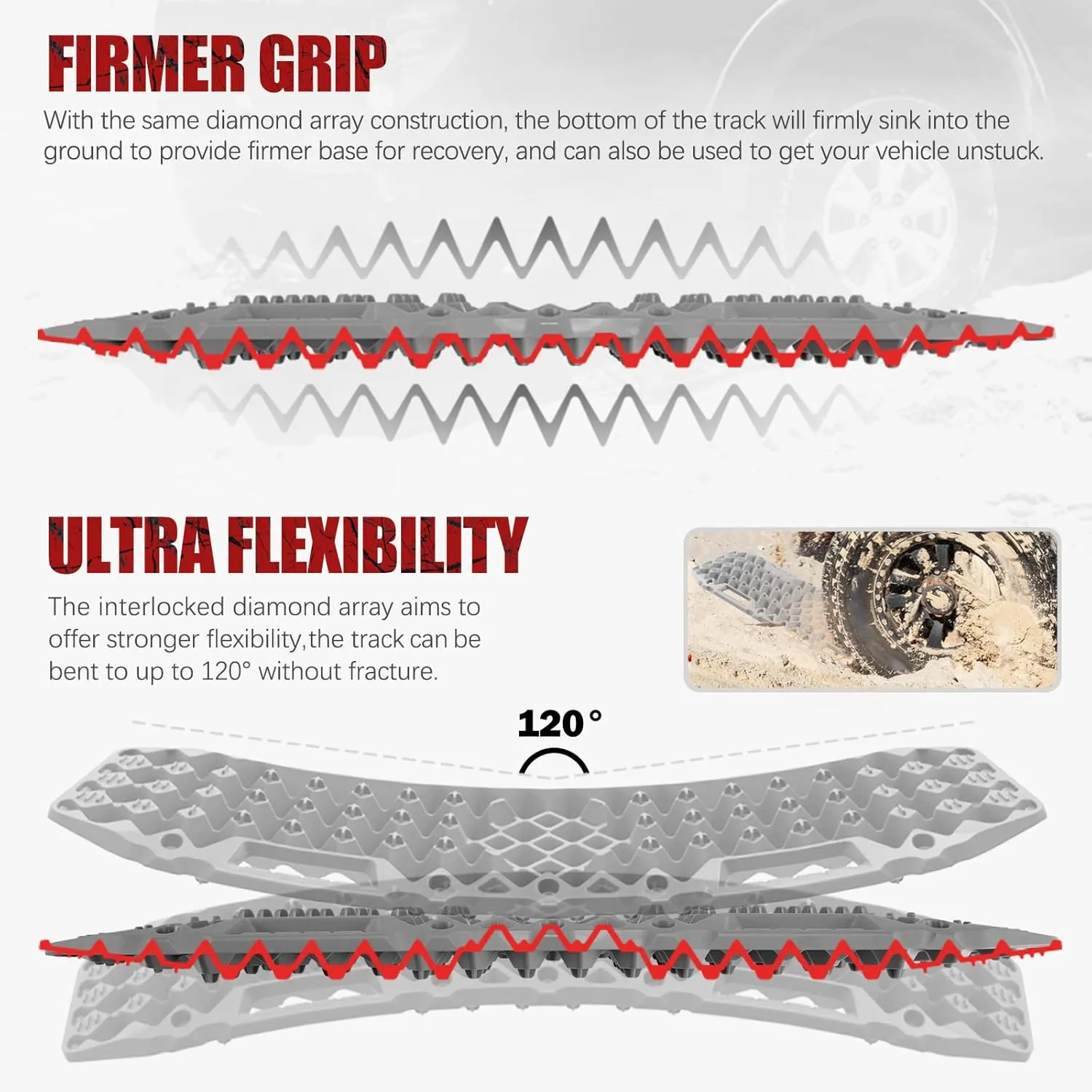BUNKER INDUST Off-Road Traction Boards with Jack Base, Pair Recovery Tracks 4X4 Jeep Truck Tire Traction Mat with Bag - Sand,Mud,Snow Ladder Ramps(Grey)