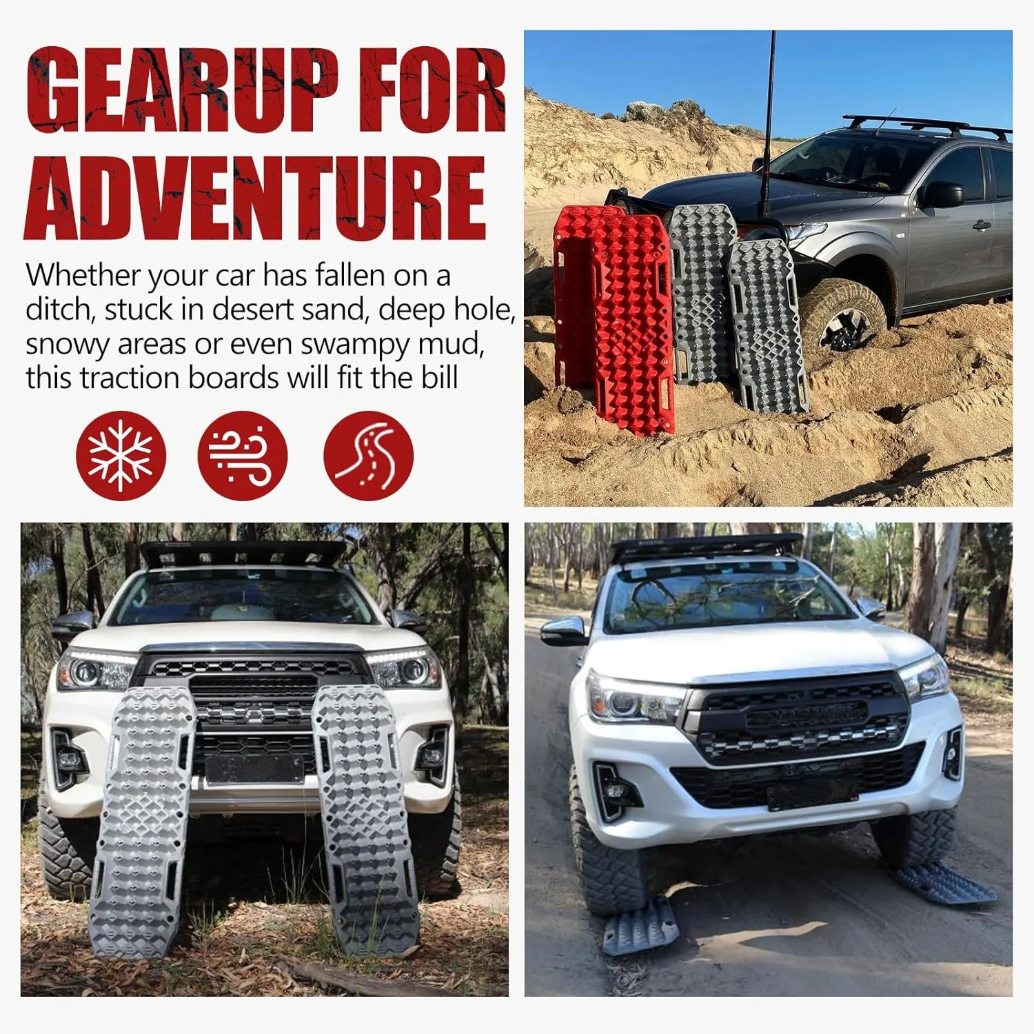 BUNKER INDUST Off-Road Traction Boards with Jack Base, Pair Recovery Tracks 4X4 Jeep Truck Tire Traction Mat with Bag - Sand,Mud,Snow Ladder Ramps(Grey)