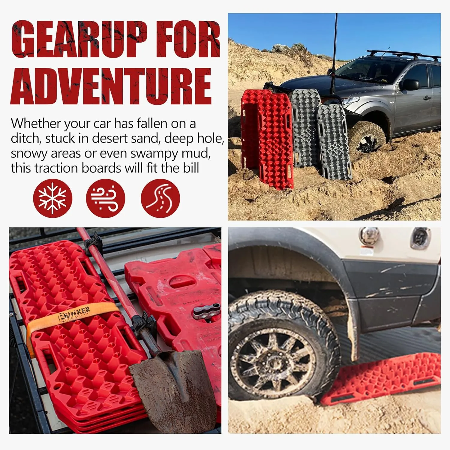 BUNKER INDUST Off-Road Traction Boards with Jack Base,Pair Recovery Tracks 4X4 Jeep Truck Tire Traction Mat with Bag -Sand,Mud,Snow Ladder Ramps(Red)
