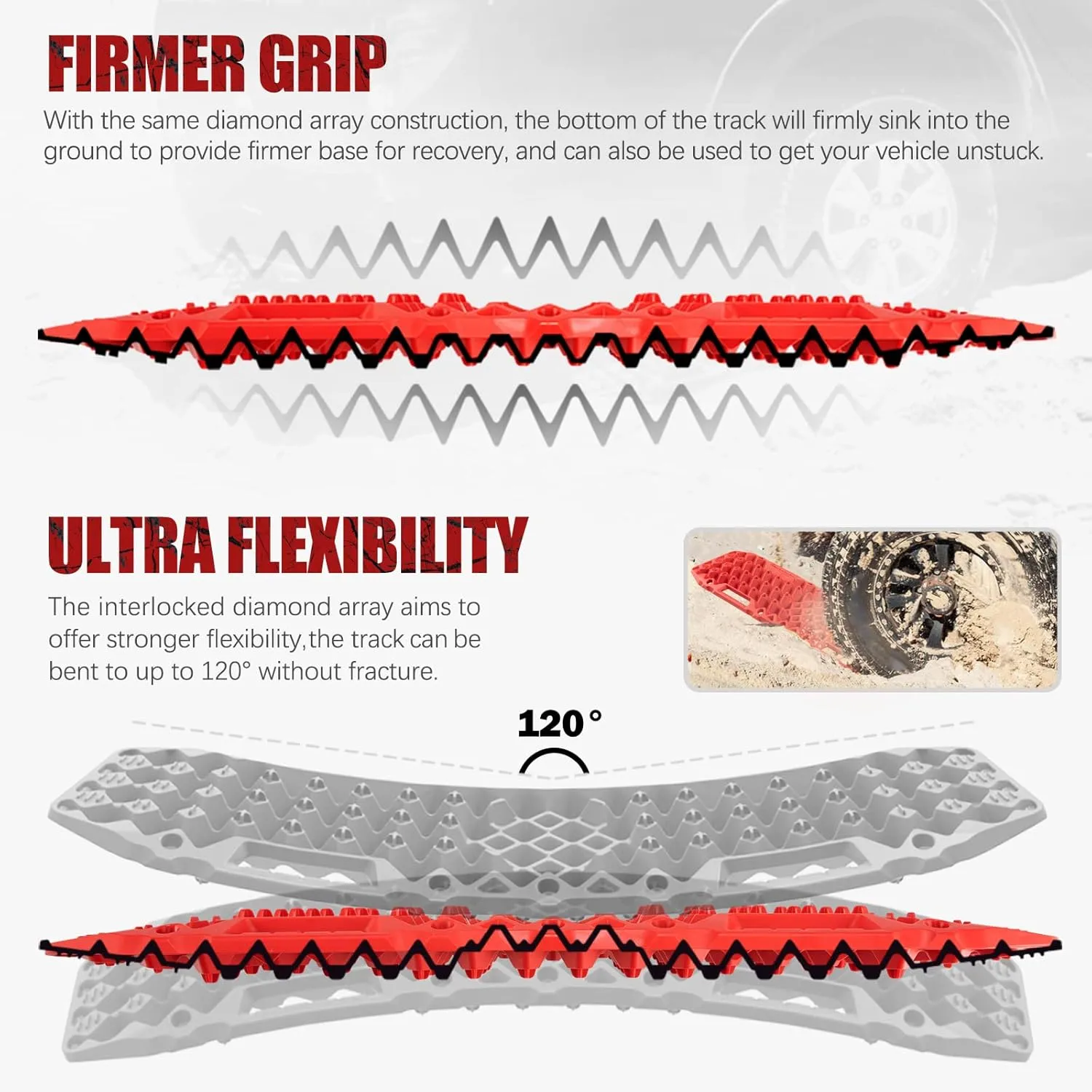 BUNKER INDUST Off-Road Traction Boards with Jack Base,Pair Recovery Tracks 4X4 Jeep Truck Tire Traction Mat with Bag -Sand,Mud,Snow Ladder Ramps(Red)