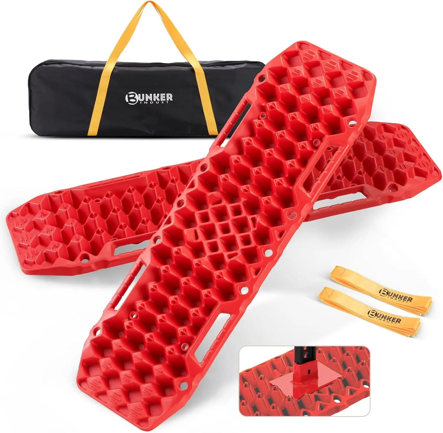 BUNKER INDUST Off-Road Traction Boards with Jack Base,Pair Recovery Tracks 4X4 Jeep Truck Tire Traction Mat with Bag -Sand,Mud,Snow Ladder Ramps(Red)
