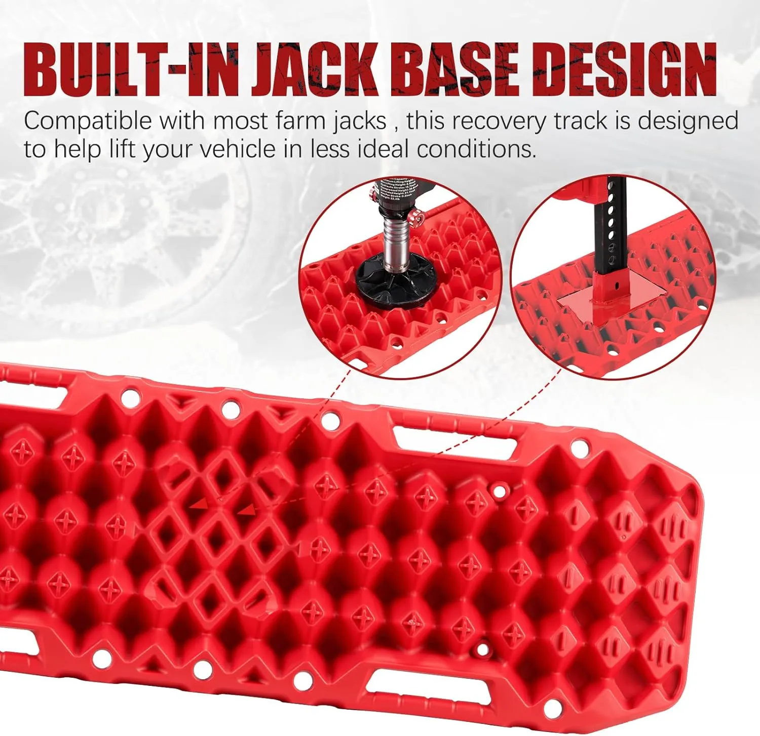 BUNKER INDUST Off-Road Traction Boards with Jack Base,Pair Recovery Tracks 4X4 Jeep Truck Tire Traction Mat with Bag -Sand,Mud,Snow Ladder Ramps(Red)