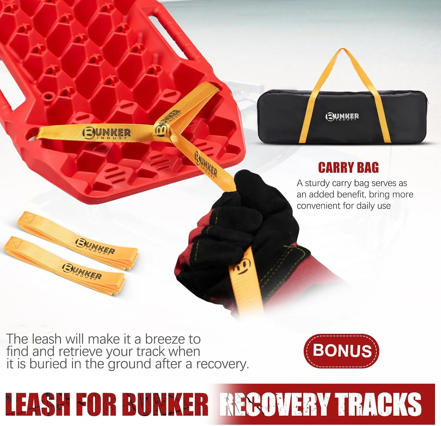 BUNKER INDUST Off-Road Traction Boards with Jack Base,Pair Recovery Tracks 4X4 Jeep Truck Tire Traction Mat with Bag -Sand,Mud,Snow Ladder Ramps(Red)