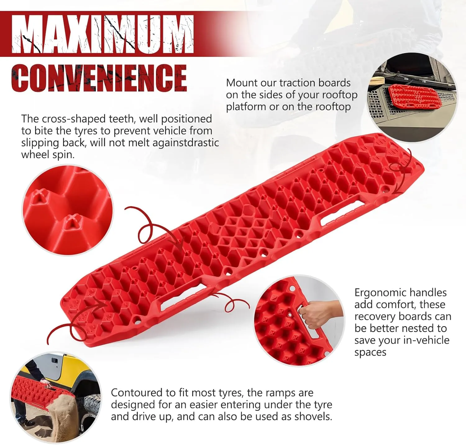 BUNKER INDUST Off-Road Traction Boards with Jack Base,Pair Recovery Tracks 4X4 Jeep Truck Tire Traction Mat with Bag -Sand,Mud,Snow Ladder Ramps(Red)