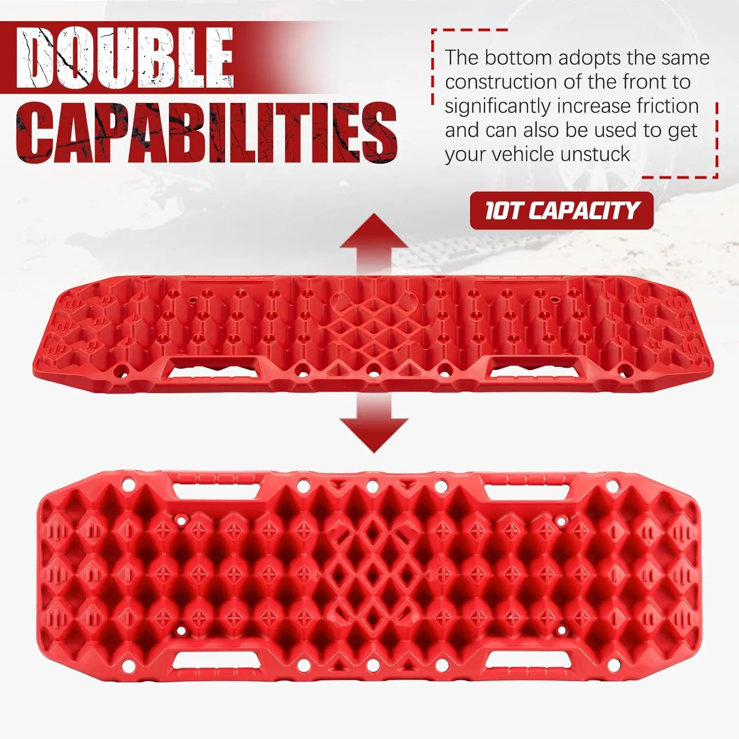 BUNKER INDUST Off-Road Traction Boards with Jack Base,Pair Recovery Tracks 4X4 Jeep Truck Tire Traction Mat with Bag -Sand,Mud,Snow Ladder Ramps(Red)