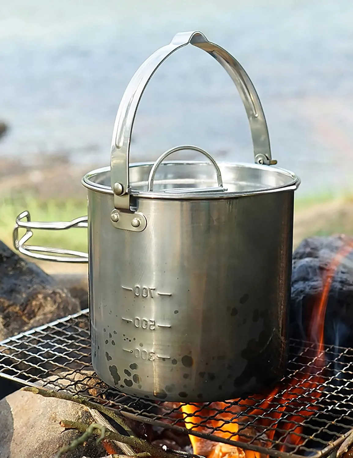 Camping Coffee Kettle and Mugs Set - Stainless Steel Pot with Collapsible Handle and Lid - Boiling Water with Open Fire for Hiking Backpacking Picnic Outdoor - 1.2 L
