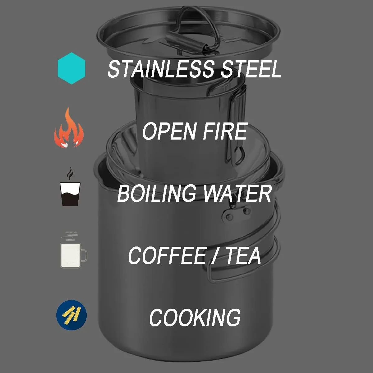 Camping Coffee Kettle and Mugs Set - Stainless Steel Pot with Collapsible Handle and Lid - Boiling Water with Open Fire for Hiking Backpacking Picnic Outdoor - 1.2 L