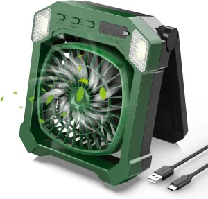 Camping Fan Solar Powered, Portable Solar Fan 10000mAh USB Rechargeable Battery Operated with Light, Quiet Outdoor Fans for Tent, RV, Emergency, Hiking, Power Outage, Desk, Greenhouse, Survival Kit